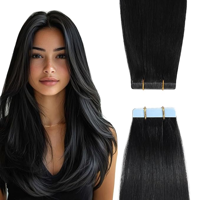 YILITE Tape In Hair Extensions Human Hair #1 Jet Black 20inch Invisible Tape in Hair Extensions Straight Seamless Skin Weft Human Hair Tape In Extensions 20pcs 50g