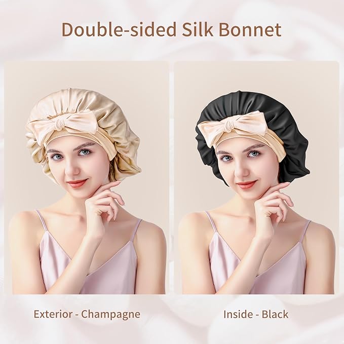 Silk Bonnet for Sleeping Women, 22 Momme 100% Mulberry Silk Sleep Cap, Double-Layer Reversible Silk Hair Wrap for Women & Night Hair Care, Fits All Hair Types – Champagne