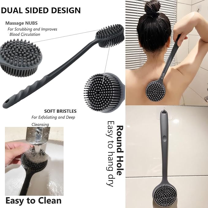 Silicone Body Scrubber With Long Handle for Shower - Exfoliating Back Brush for Men, Women & Kids - Soft Bath Scrubber With Free Hook