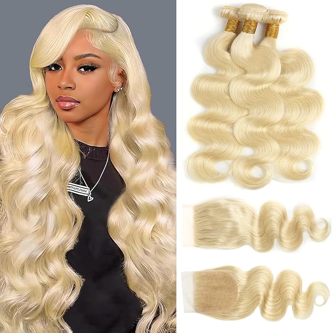 613 Bundles Human Hair with Closure 10 12 14 + 10 inch Blonde Body Wave Bundles Human Hair with 4x4 Transaprent Lace Closure 100% Unprocessed Virgin Human Hair Weave Extensions with Closure