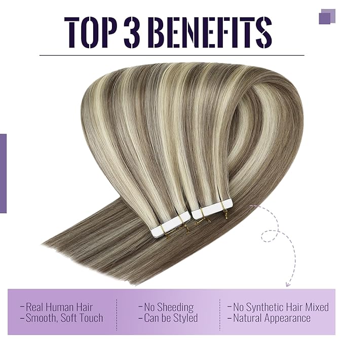 Fshine Tape in Blonde Hair Extensions Tape in Extensions Human Hair Color Ash Brown and Highlighted Platinum Blonde Extensions Tape in 50 g Straight for Women 20 Inch