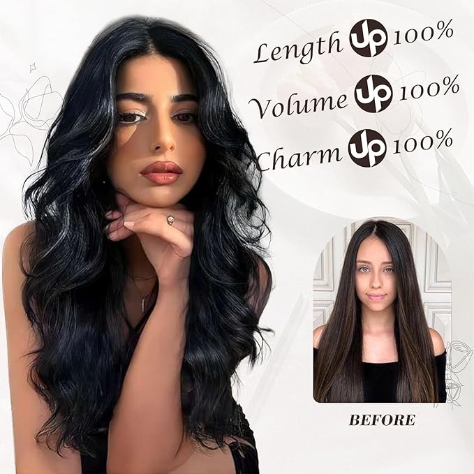 BARSDAR Wavy Black Clip in Hair Extensions - Black Wavy Clip in Hair Extensions for Women - 20 Inch 6 PCS Easy Wear Thick Soft Synthetic Natural Looking Hairpieces Daily Party Halloween