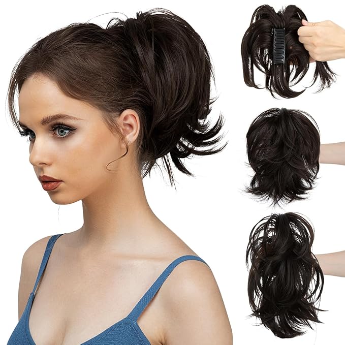 CJL HAIR Claw Clip Short Ponytail Hair Extensions DIY Bendable Metals Messy Bun Hair Piece for Wonen Straight Synthetic Fake Hairpieces Black Brown