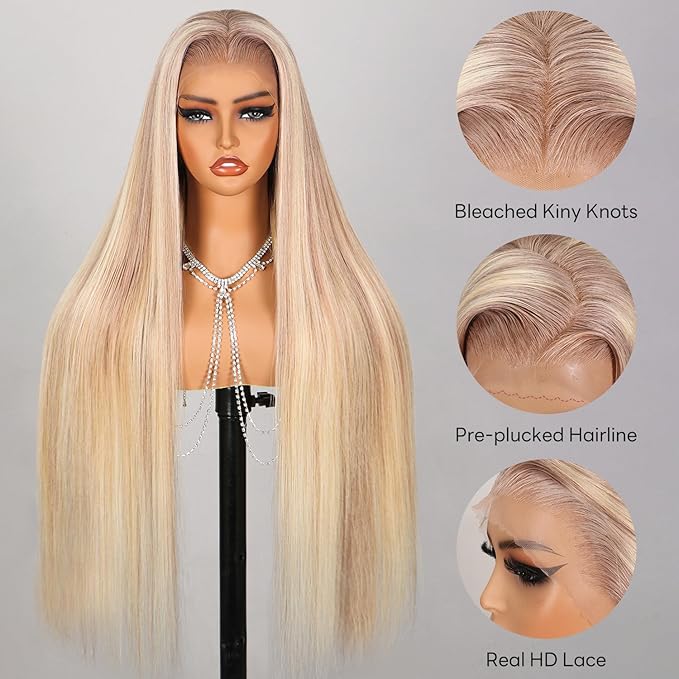 P10/613 Lace Front Wig Human Hair 13x4 Wear And Go Glueless Wigs Human Hair HD Blonde Highlight Lace Front Wig Light Brown Pre Plucked 240% Density (26inch, P10/613 Straight Wig)