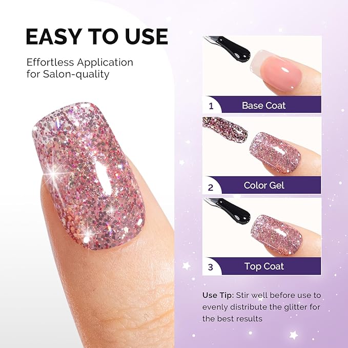 MelodySusie Galaliver Pink Glitter Gel Nail Polish, 15ML Sparkly Light Pink Shimmer Gel Polish Soak Off UV LED Cured Long Lasting Gift for Women DIY Nail Design Nail Art Manicure X12