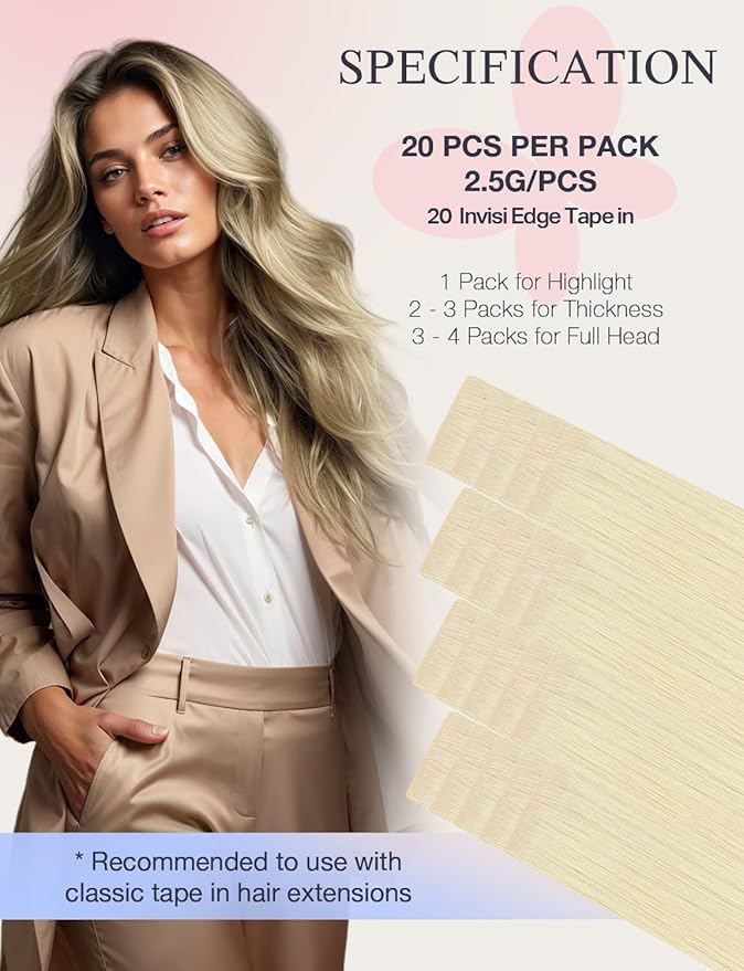 DOORES Invisi Edge Tape in Human Hair Extensions, Platinum Blonde 10 Injection Tape-ins with 10 Injection Tape-ins 50g 24 Inch, Injected Tape in Extensions Virgin Human Hair