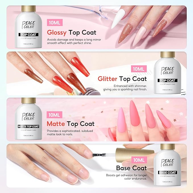 PEACECOLOR Gel Nail Polish Kit with U V Light 82PCS, 56 Colors Gel Polish Set with Cat Eye Gel Nail Polish 4Pcs Glossy/Matte/Glitter Top Base Coat Rhinestones Manicure Kit Gifts for Women Salon Home