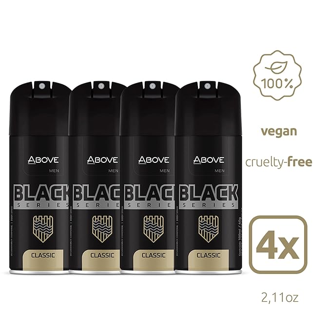 ABOVE Black Series Body Spray, Classic, 4 pcs - Deodorant Spray - Woody Fragrance - Masks Perspiration Odors - Long-Lasting Dry Spray - Cruelty-Free