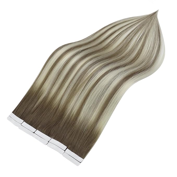 Full Shine Invisible Tape in Hair Extensions Human Hair 22 Inch Color 8 Brown to 8 Ash Brown and 613 Blonde Virgin Injection Tape in Extensions 5Pcs 12.5Grams Seamless Skin Weft Human Hair for Women