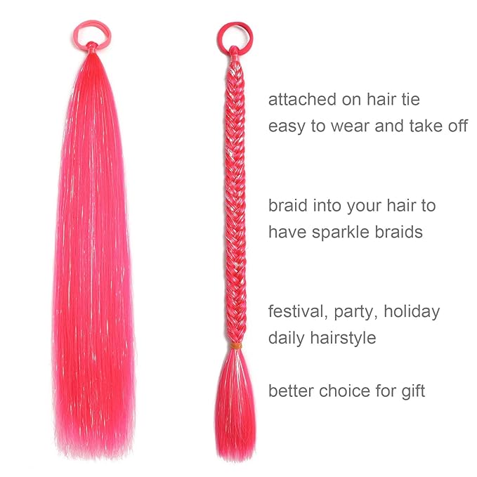 Colored Hair Extensions Hot Pink Ponytail Extension 2 Packs, 20 inch Crazy Hair Day Accessories for Women, DIY Festival Wacky Rave Braids,Tinsel Mixed