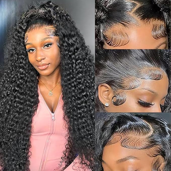 13x6 Deep Wave Lace Front Wigs Human Hair 200 Density 13x6 HD Transparent Deep Curly Lace Frontal Glueless Wigs Human Hair Lace Front Wigs Pre Plucked with Baby Hair Natural Color 24 Inch