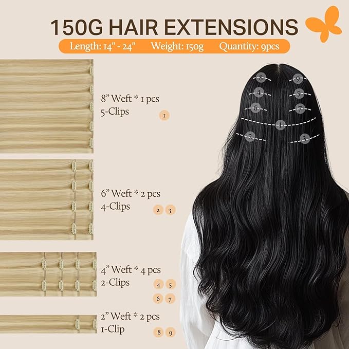 DOORES Hair Extensions Clip in Human Hair, Dirty Blonde Highlight Golden Blonde 150g 9pcs 20 Inch, Remy Hair Extensions Clip in Real Human Hair Extensions Clip in Straight Natural Hair Extensions