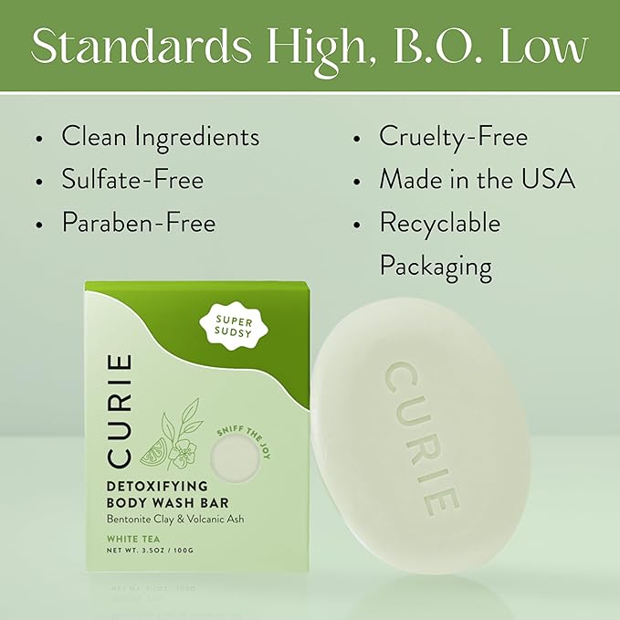 Curie White Tea Detoxifying Body Wash Bar – Sulfate-Free, Vegan Cleansing Bar with Bentonite Clay & Volcanic Ash for Smooth, Refreshed Skin (3PK)