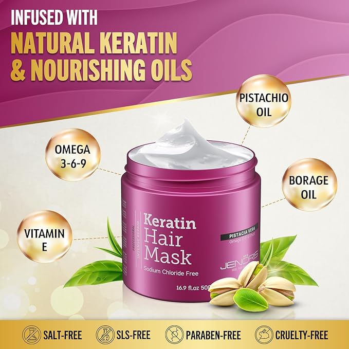 Jenoris Keratin Hair Mask for Dry, Damaged & Frizzy Hair – Deep Conditioning Treatment with Natural Omega 3-6-9 Complex & Pistachio Oil, Salon-Professional, Paraben & SLS Free, 16.9 Fl Oz