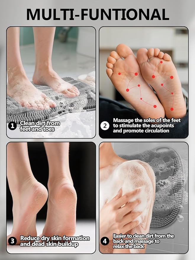 Kalolary Silicone Shower Foot Scrubber Mat, Large Foot Scrubber in Shower with Non Slip Suction Cups Foot Cleaner Brush to Clean Exfoliate and Massage Feet Without Bending Over Easy to Clean (Grey)