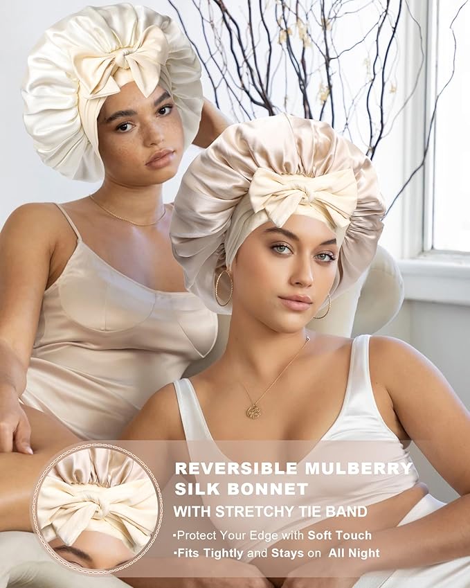 Mulberry Silk Bonnet Sleeping Women Curly Hair Bonnets Tie Band Double Layer Reversible Sleep Bonnet Silk Hair Wrap Sleep Cap