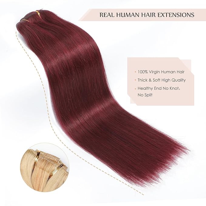 Sisily Clip in Hair Extensions Real Human Hair, 24 inch 180g, Burgundy Red, 100% Brazilian Remy Human Hair Clip in Extensions Soft Straight 7pcs Per Set with 16 Clips Double Weft