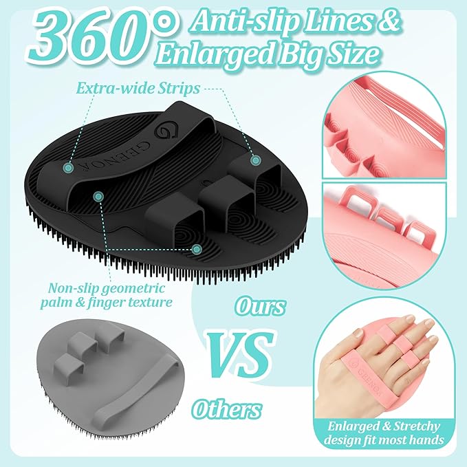 Silicone Back & Face Scrubber & Bath Glove Set 3PCS, 13.4'' Gentle Back Scrubber with Dual-Side Head, 360° Anti-Slip Bath Glove, Unique Side-bristled Face Scrubber for All-Round Cleaning(Pink)
