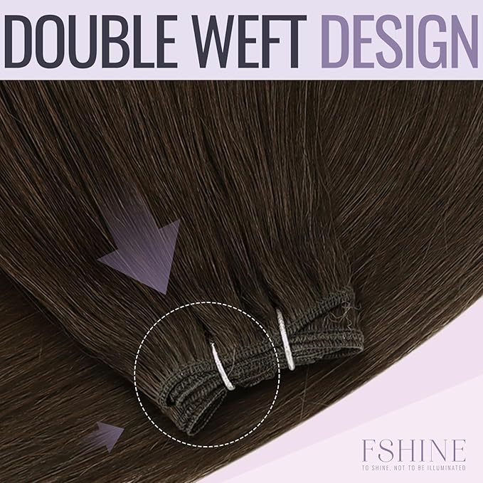 Fshine Hand Tied Weft Hair Extensions Real Human 12 inch 80 g Dark Brown Double Weft Full Head Sew in Remy Hair Weft Straight Bundles for Women Salon and Everyday Styling
