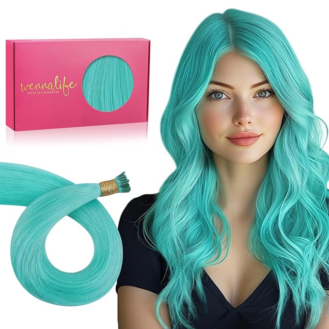 WENNALIFE I Tip Hair Extensions Human Hair, 50g 50s 18 Inch Teal Green Remy Itip Human Hair Extensions Invisible Itips Straight I Tips Fusion Extensions Real Human Hair