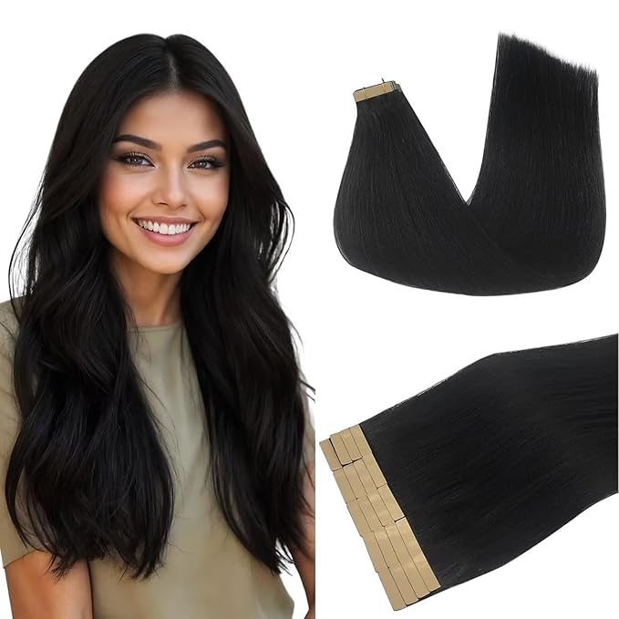 DOORES Tape in Hair Extensions, Jet Black 12 Inch 40g 20pcs, Hair Extensions Human Hair Tape in Straight Hair Remy Hair Seamless Skin Weft