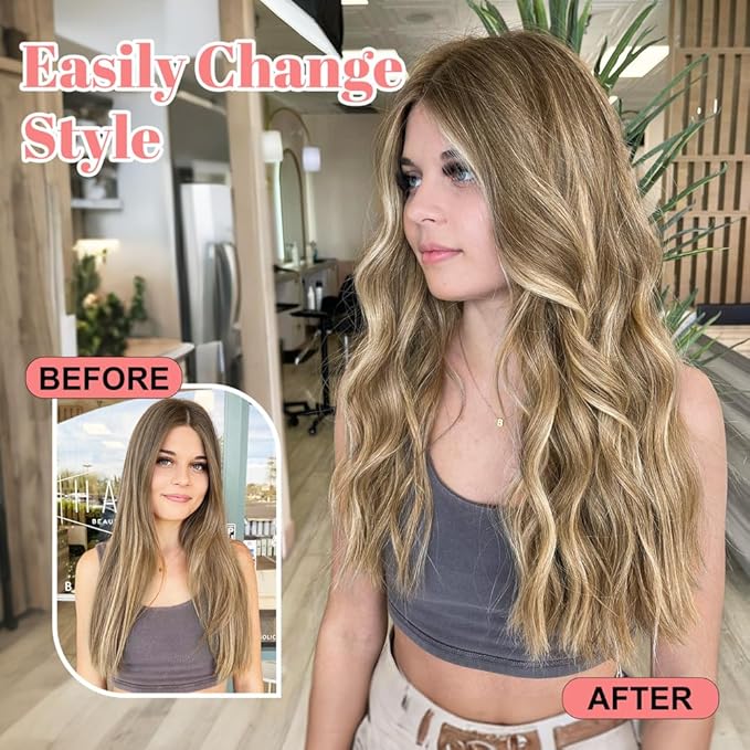ALXNAN Clip in Long Wavy Synthetic Hair Extension 16 Inch Brown with Blonde Highlights 4PCS Thick Hairpieces Fiber Double Weft Hair for Women