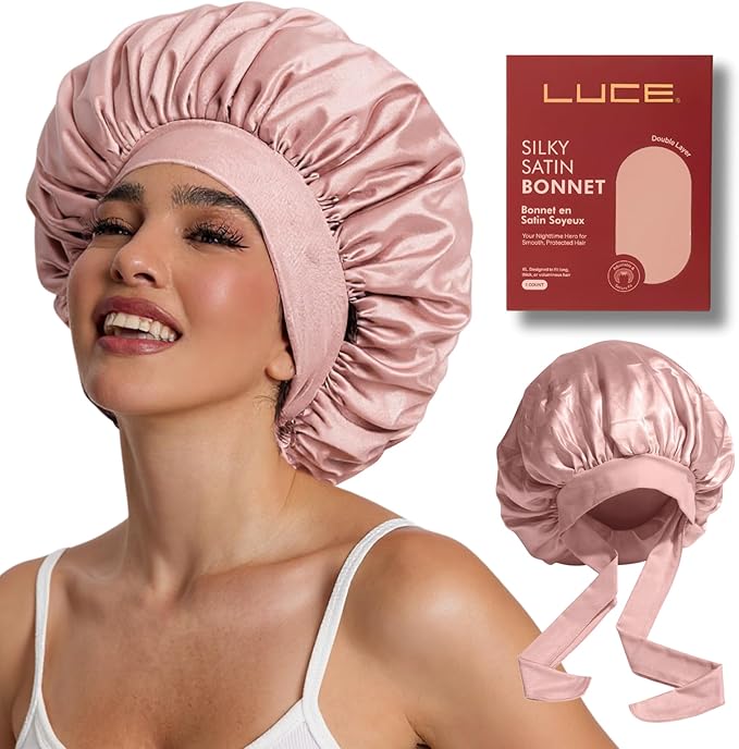 LUCE Satin Bonnet for Sleeping – Adjustable Double Layer Hair Cap for Women, Prevents Frizz & Breakage, Comfortable Night Cap