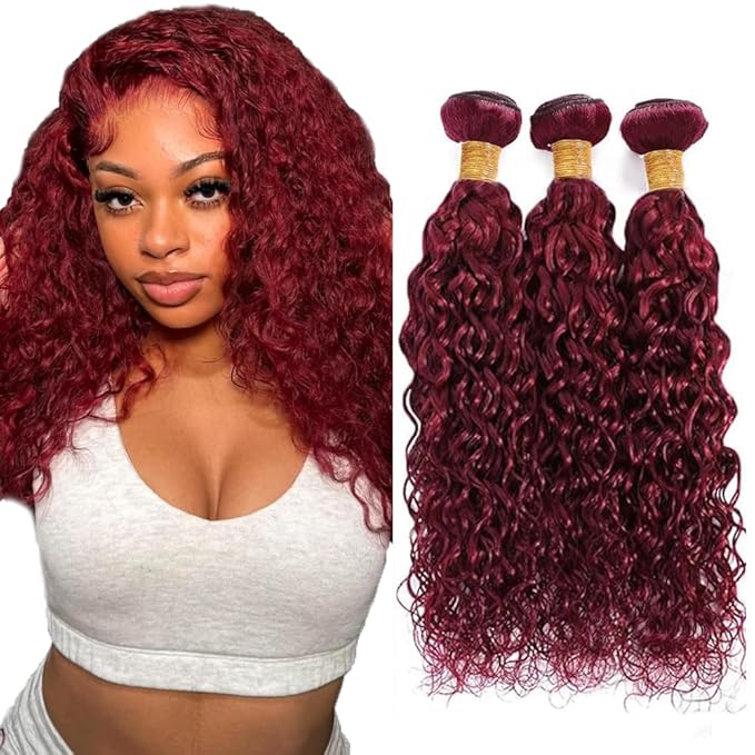 26 28 30 Inch Freiuoke Burgundy Human Hair Bundles 99J Water Wave 3 Bundles Brazilian Unprocessed Virgin Hair Color Red Bundle 150g