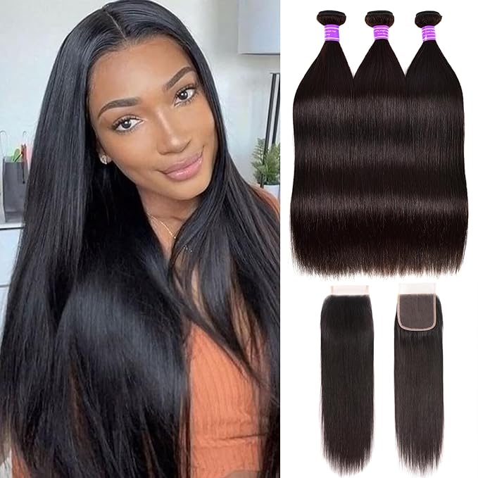Straight 3 Bundles with Closure 100% Unprocessed Brazilian Straight Human Hair Weave with 4x4 Free Part Lace Closure Natural Color (Straight Bundles With Closure, 18 20 22+16closure)