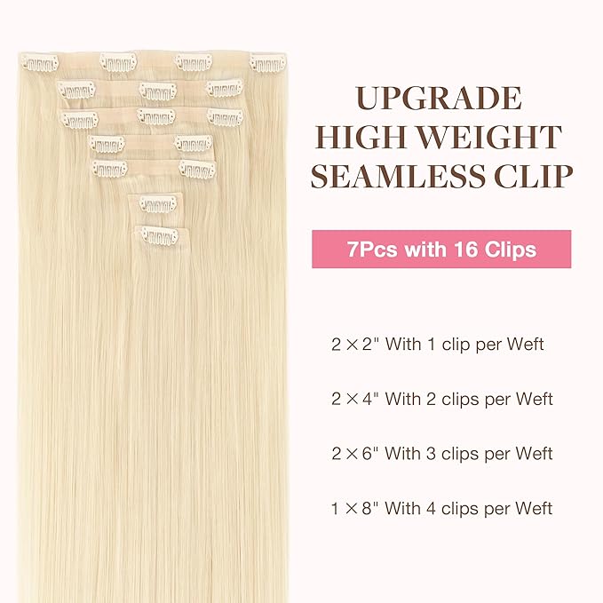 GOO GOO Clip in Hair Extensions Real Human Hair, Remy Human Hair Extensions Clip ins for Women, Natural Human Hair, 24inch 120g 7Pcs, 613R Bleach Blonde