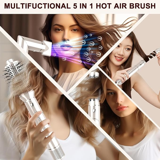 5 in 1 Blow Dryer Brush & Hot Air Styler–110,000 RPM High-Speed Hair Dryer with Auto Wrap Curlers & Ionic Technology, Hot Air Brush Wrap Fast Drying, Curling/Volumizing/Straightening - Gold