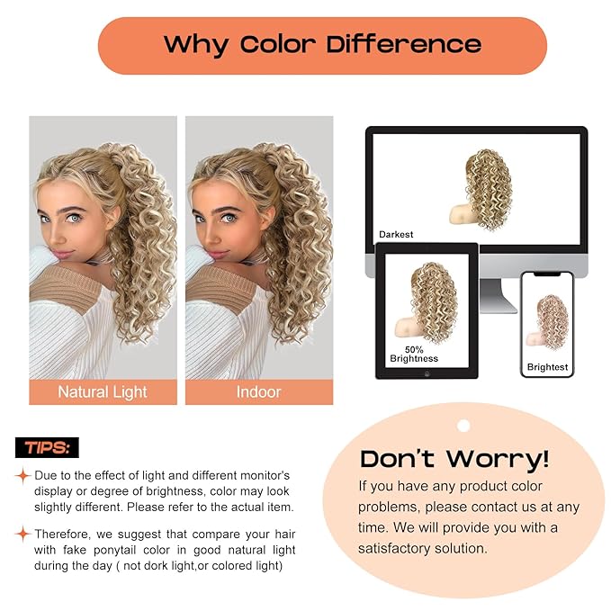 SEIKEA Ponytail Extension, 18" Claw Clip Ponytail Extension Wavy Curly Jaw Clip in Ponytail Hair Extensions Fluffy Natural Soft Fake Pony Tails Synthetic Hairpiece Chocolate Brown/Blonde Highlights