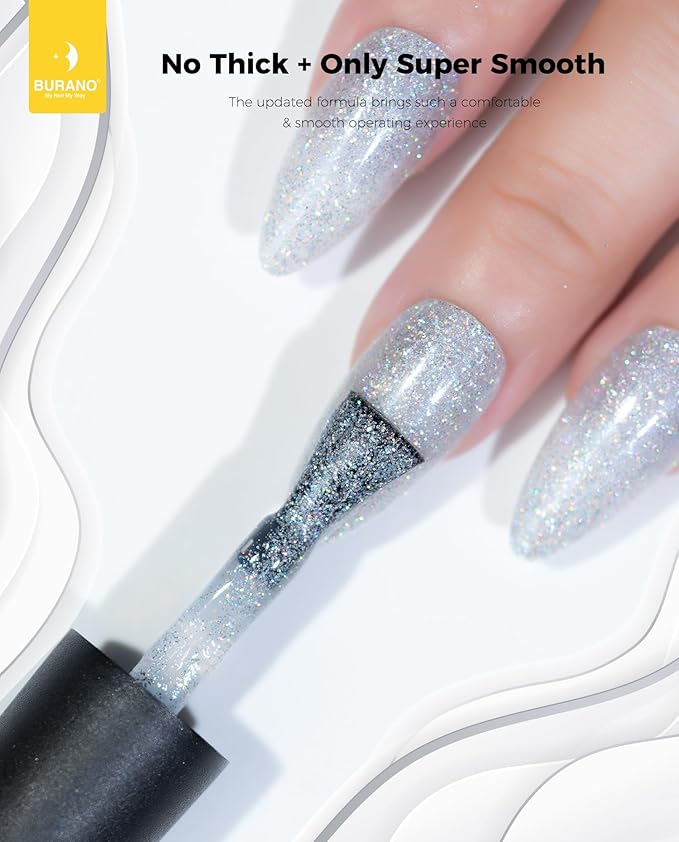 BURANO Glitter Gel Nail Polish - LED UV Curing, Holographic Effect, No Chip DiY Silver Nail Gel LP61