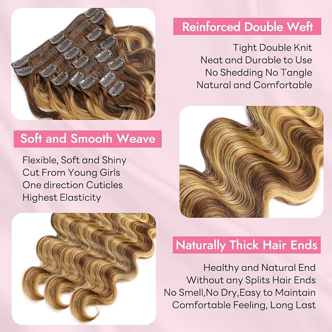 Clip in Hair Extensions Real Human Hair Body Wave #4/27 Chocolate Brown to Honey Blonde 100% Brazilian Remy Human Hair Extensions 8pcs Per Set with 18 Clips Double Weft 24 Inch 120g/3.6oz