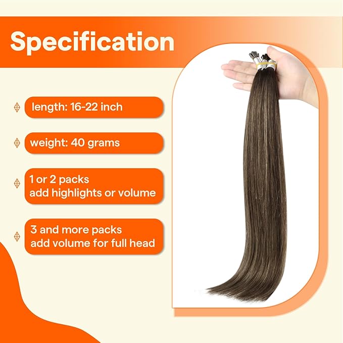 Full Shine Itip Human Hair Extensions 16 Inch 40 Grams I Tip Hair Extensions Real Human Hair Darkest Brown Ombre Ash Brown Fusion Extensions Remy Hair for Women
