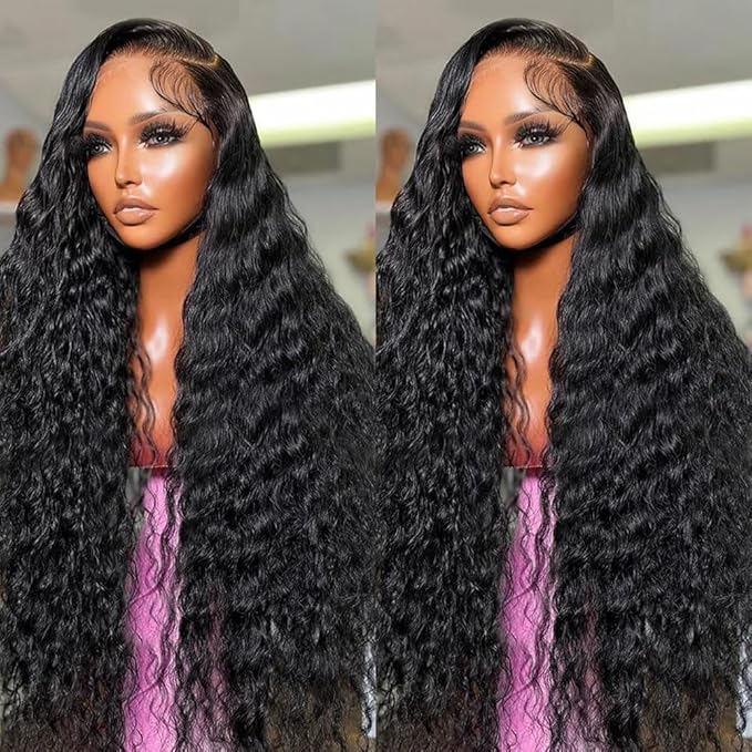 36 Inch Deep Wave Lace Front Wigs Human Hair 200% Density13x6 HD Lace Frontal Wigs Human Hair Pre Plucked Deep Wave Wig Glueless Curly Wig Natural Color