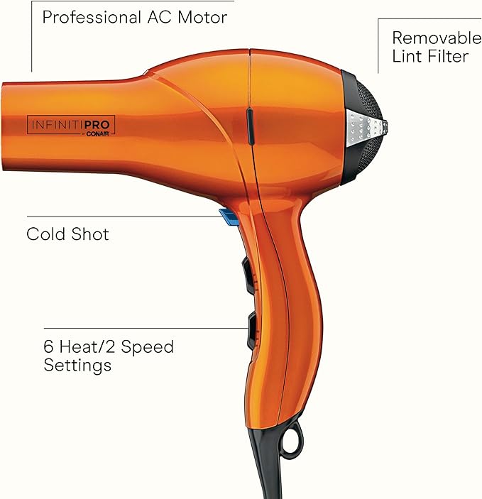 Infiniti PRO CONAIR Hair Dryer with Diffuser, Professional AC Motor, Tourmaline Ceramic Technology Blow Dryer, Includes Concentrator and Blowout Brush, Amazon Exclusive, Orange (Pack of 4)