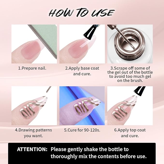 12ml Metallic Painting Gel Liner Nail Art 3D Mirror Chrome Effect Nail Polish Metal Painted Drawing Build in Thin Brush Soak Off UV/LED Light Rose Gold Gel for Nail Art DIY Manicure