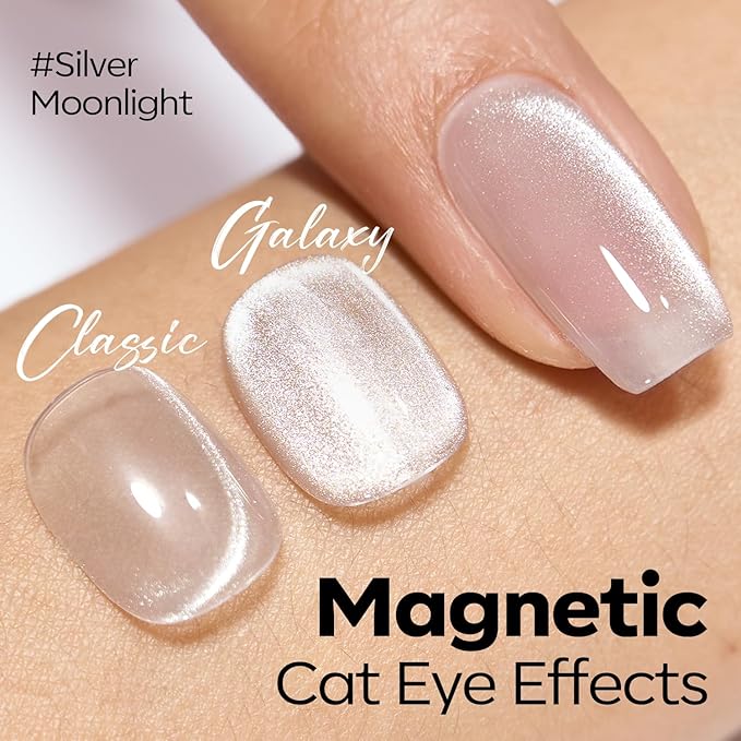 modelones Silver Cat Eye Gel Nail Polish Glitter White Cat Eye Gel Polish Clear 9D Holographic High Density Crystal Nail Polish with Magnet Soak Off U V Shimmer Polish Christmas Nail 15ML