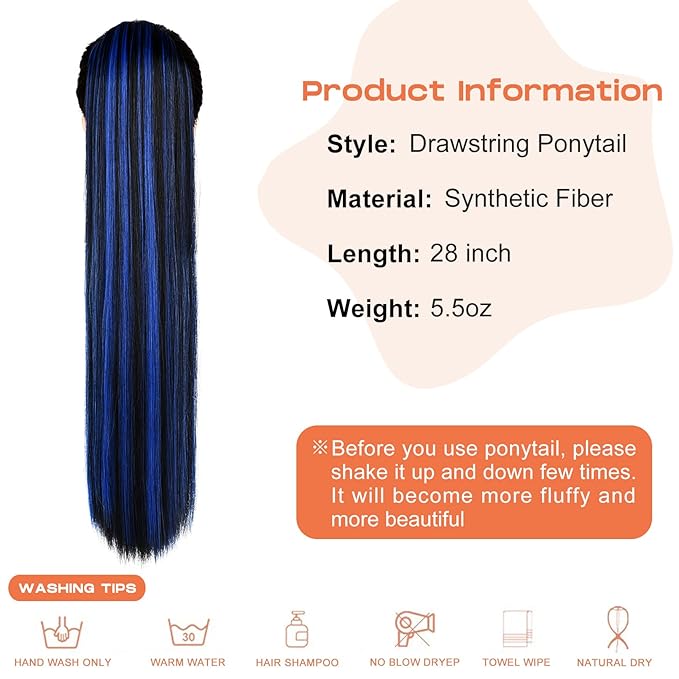 SEIKEA Ponytail Extensions Drawstring Long Straight Fake Pony Tail Natural Soft Clip in Hair Extension Synthetic Heat Resistant Hairpiece 28 Inch Natural Black with Blue Highlights