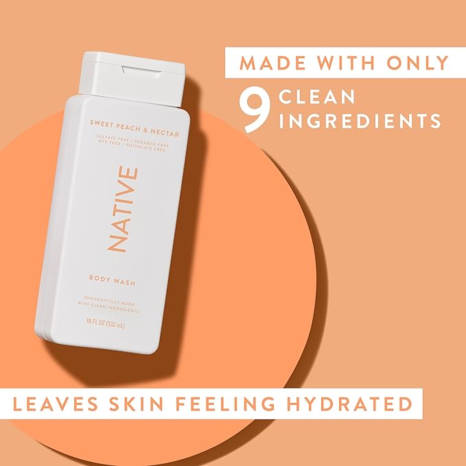Native Body Wash Contains Naturally Derived Ingredients | For Women & Men, Sulfate, Paraben, & Dye Free Leaving Skin Soft and Hydrating | Sweet Peach & Nectar 18 oz