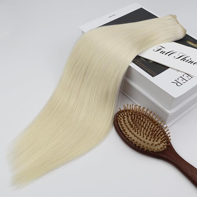 Full Shine Weft Hair Extensions 130G Blonde Sew In Extensions Remy Hair Color #60 Platinum Blonde Human Hair Bundles 22 Inch Sew In Weave Bundles For Women Invisible Hair Weft Sew Ins