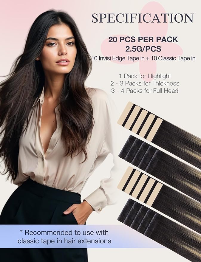 DOORES Invisi Edge Hair Extensions Tape in, Natural Black to Light Blonde 10 Injection Tape-ins with 10 Classic Tape-ins 50g 24 Inch, Injection Tape in Extensions Virgin Hair Thick Ends
