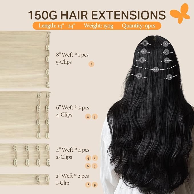 DOORES Hair Extensions Clip in Human Hair, Platinum Blonde 150g 9pcs 20 Inch, Remy Human Hair Extensions Clip in Human Hair Extensions Clip ins Real Natural Hair Extensions Straight Thick