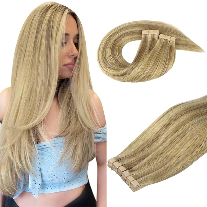 DOORES Tape Hair Extensions Human Hair, Light Blonde Highlighted Golden Blonde 10 Inch 60g 40pcs, Human Hair Extensions Natural Hair Remy Hair Extensions