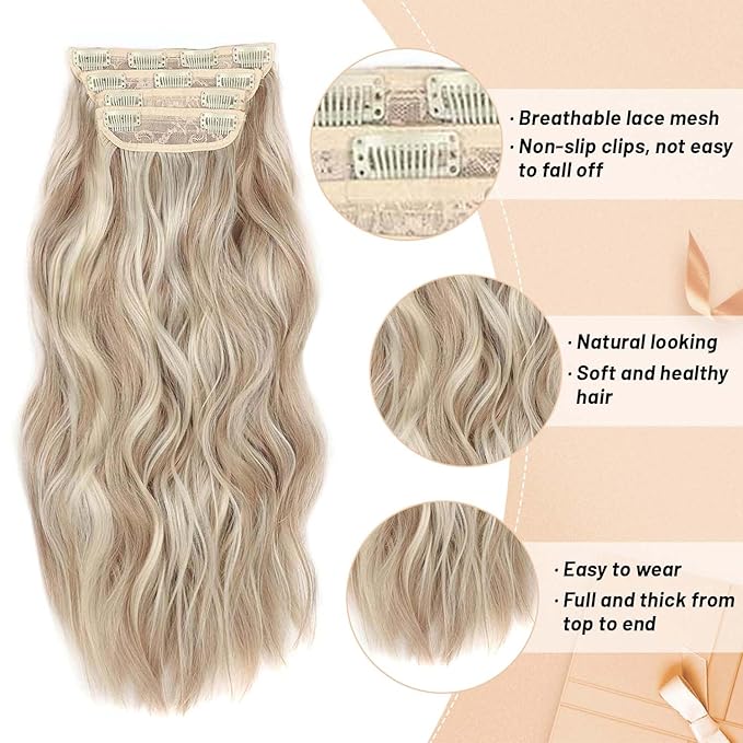 4PCS Clip in Hair Extensions for Women 20inch Dark Ash Blonde Mixed Bleach Blonde Synthetic Clip in Long Wavy Hair Extension Double Weft Hairpieces Full Head For Women (20INCH, P18/60T)