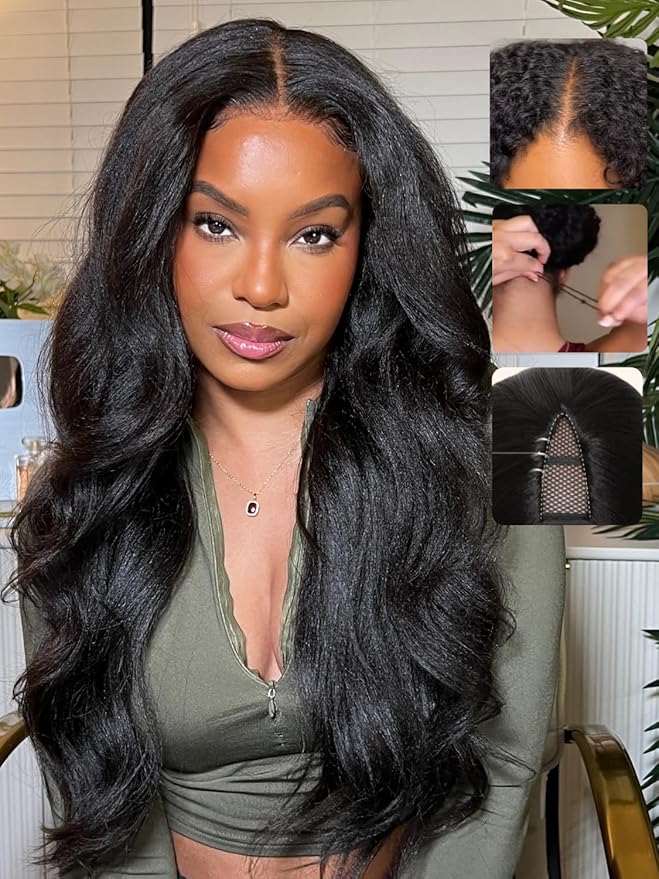 Sunber EasiContour Kinky Straight V Part Human Hair Glueless Wigs with Drawstring No Leave Out No Gel 180% Density Vpart light Kinky straight Clip In Half Wigs No Leave Out Real Scalp V Shape 24Inch