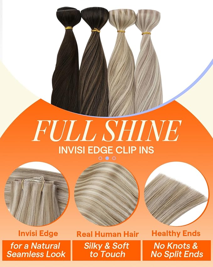 Full Shine Injected Seamless Clip in Hair Extensions 18 Inch Light Blonde Highlighted Golden Blonde Invisi Edge Clip in Hair Extensions Natural Ends 6 PCS 120 G