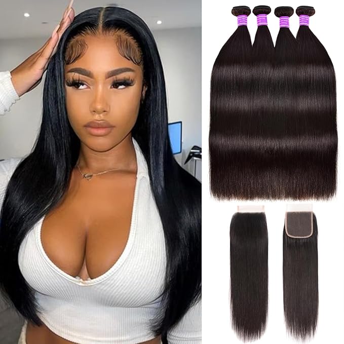 Straight Bundles Human Hair with Closure 100% Unprocessed Virgin Human Hair Extensions 4 Straight Hair Bundles with 4X4 HD Lace Closure Free Part Natural Black (20 22 24 26 +18 Inch)