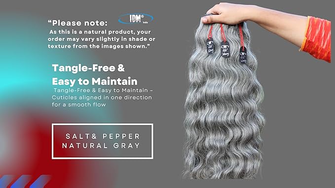 22” Wavy Salt & Pepper/Natural Gray 3 bundles. Its 100% Natural Indian Virgin Raw Hair Extensions .Natural color unprocessed and not treated with any kind of chemicals